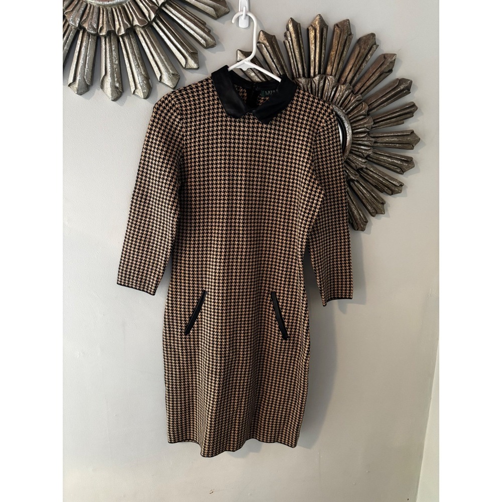 Lauren Ralph Lauren Houndstooth Sweater Dress Medium Leather Collar Knit Luxe
